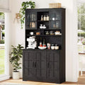 70.9in Tall Black Pantry Cabinet With Glass Doors, Hutch With Built-in Charging Station And Wine Rack For Kitchen And Dining Room