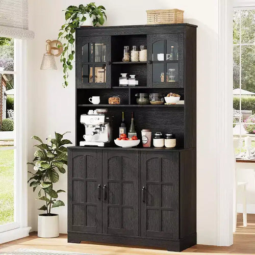 70.9in Tall Black Pantry Cabinet With Glass Doors, Hutch With Built-in Charging Station And Wine Rack For Kitchen And Dining Room