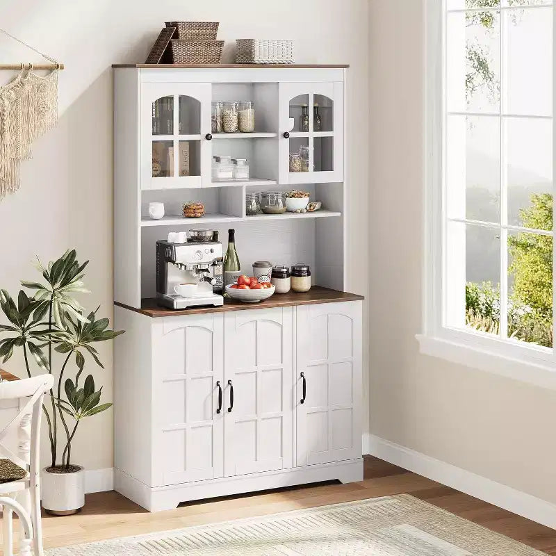 Armoire de rangement noire de 180 cm de haut avec portes vitrées, buffet avec station de charge intégrée et porte-bouteilles pour cuisine et salle à manger