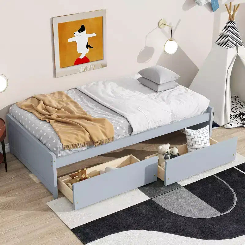 Clihome Twin Size Bed with 2 Drawers, Solid Rubber Wood Bed