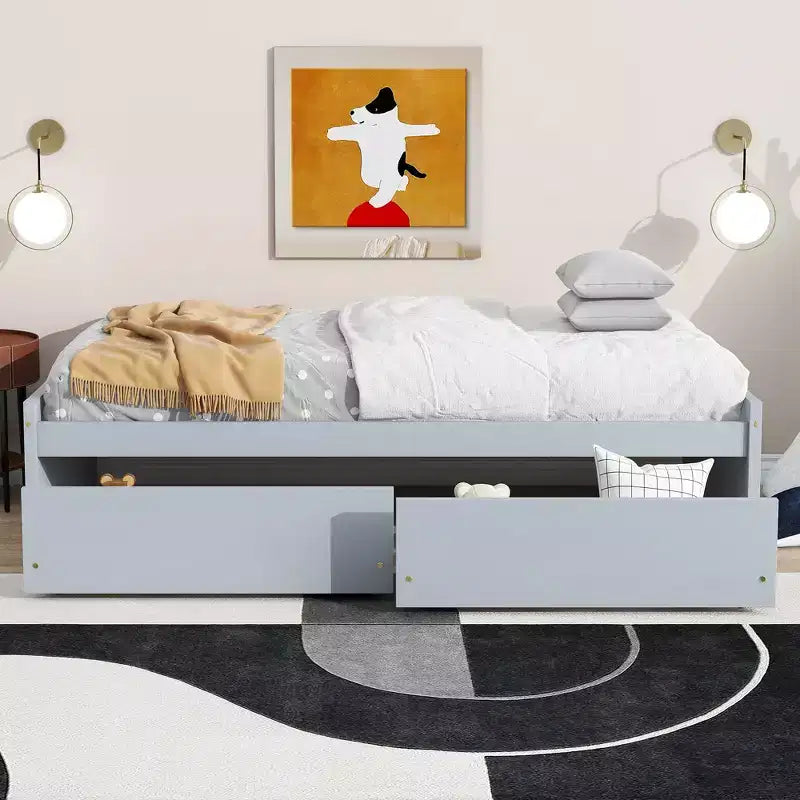Clihome Twin Size Bed with 2 Drawers, Solid Rubber Wood Bed