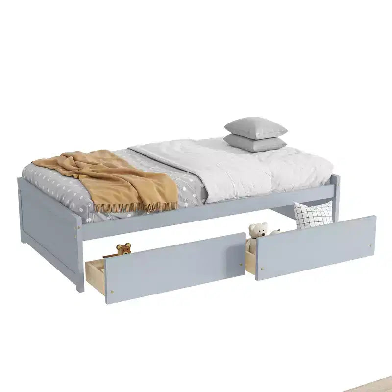 Clihome Twin Size Bed with 2 Drawers, Solid Rubber Wood Bed