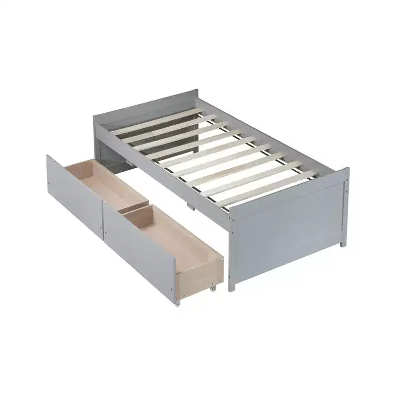 Clihome Twin Size Bed with 2 Drawers, Solid Rubber Wood Bed