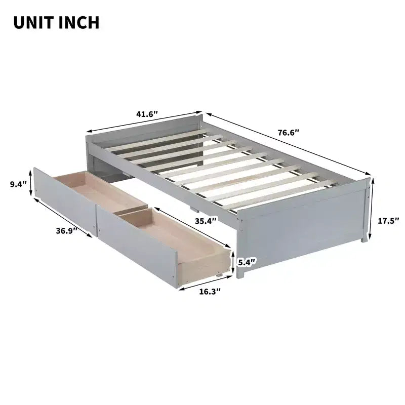 Clihome Twin Size Bed with 2 Drawers, Solid Rubber Wood Bed