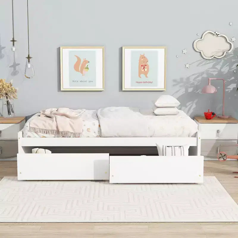 Clihome Twin Size Bed with 2 Drawers, Solid Rubber Wood Bed