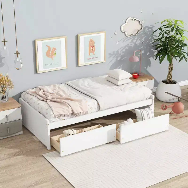 Clihome Twin Size Bed with 2 Drawers, Solid Rubber Wood Bed