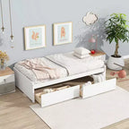 Clihome Twin Size Bed with 2 Drawers, Solid Rubber Wood Bed