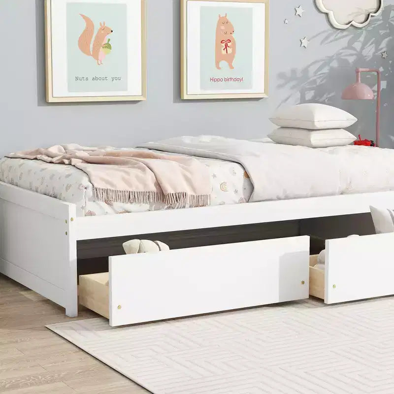 Clihome Twin Size Bed with 2 Drawers, Solid Rubber Wood Bed