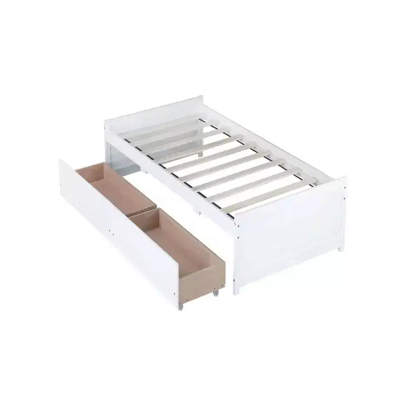 Clihome Twin Size Bed with 2 Drawers, Solid Rubber Wood Bed