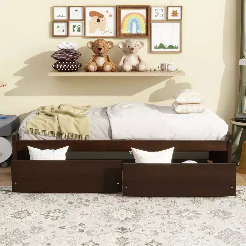 Clihome Twin Size Bed with 2 Drawers, Solid Rubber Wood Bed