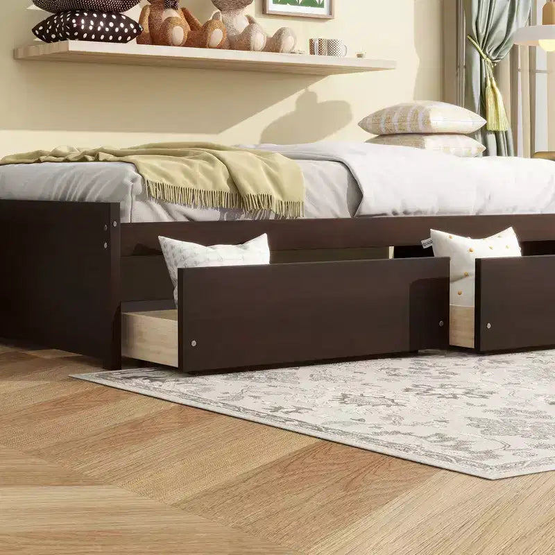 Clihome Twin Size Bed with 2 Drawers, Solid Rubber Wood Bed