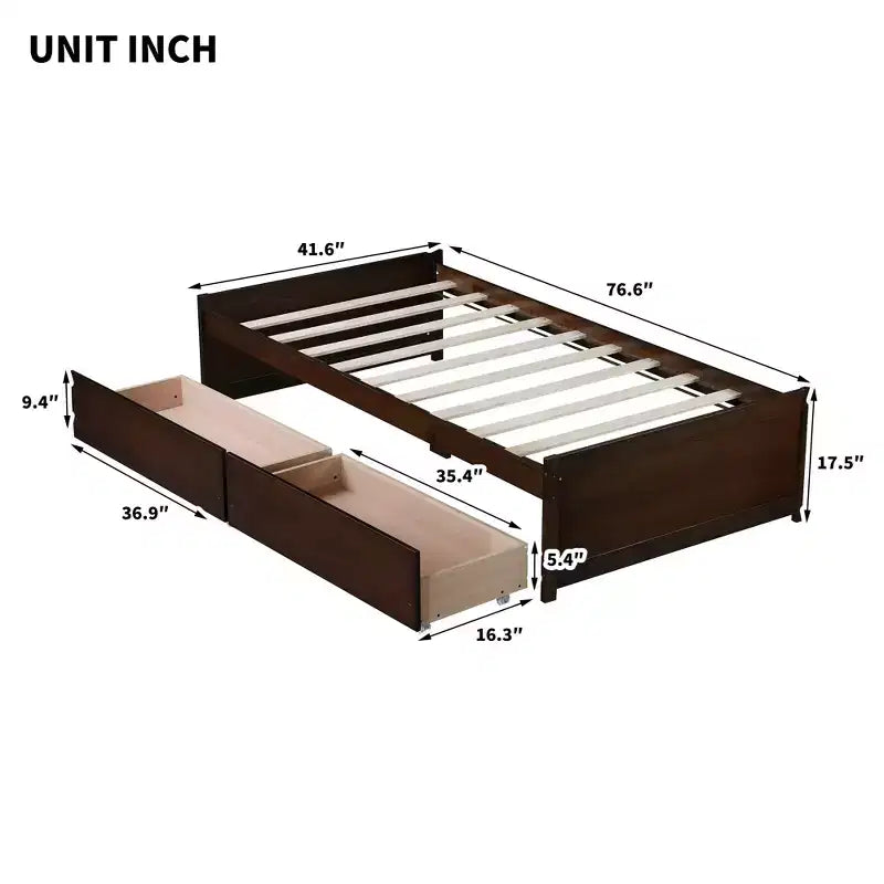 Clihome Twin Size Bed with 2 Drawers, Solid Rubber Wood Bed