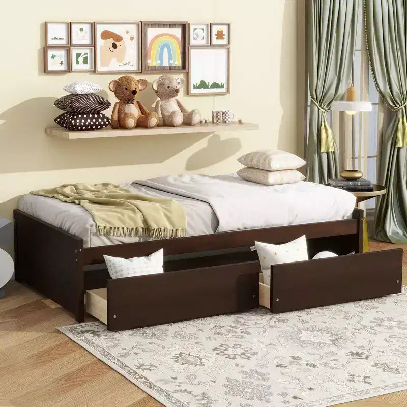 Clihome Twin Size Bed with 2 Drawers, Solid Rubber Wood Bed