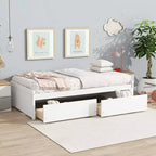 Clihome Twin Size Bed with 2 Drawers, Solid Rubber Wood Bed
