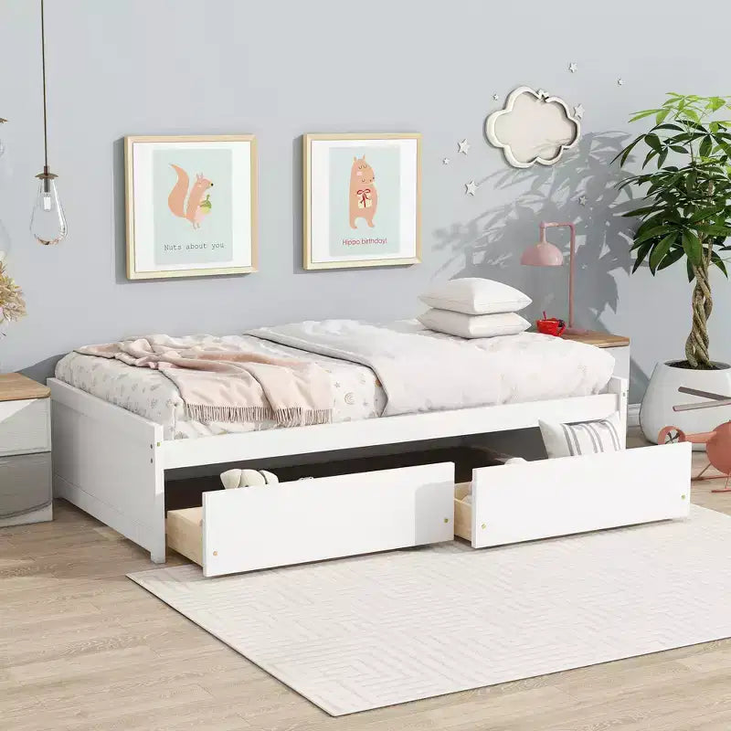 Clihome Twin Size Bed with 2 Drawers, Solid Rubber Wood Bed