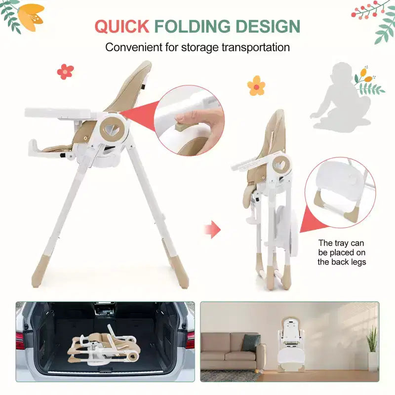 Chaise haute bébé pliable avec 7 hauteurs/5 inclinaisons, double plateau, harnais 5 points, pliage à une main, facile à nettoyer, portable, gris/champagne