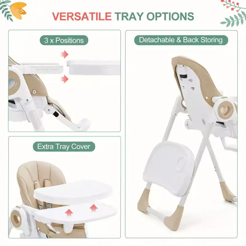 Chaise haute bébé pliable avec 7 hauteurs/5 inclinaisons, double plateau, harnais 5 points, pliage à une main, facile à nettoyer, portable, gris/champagne