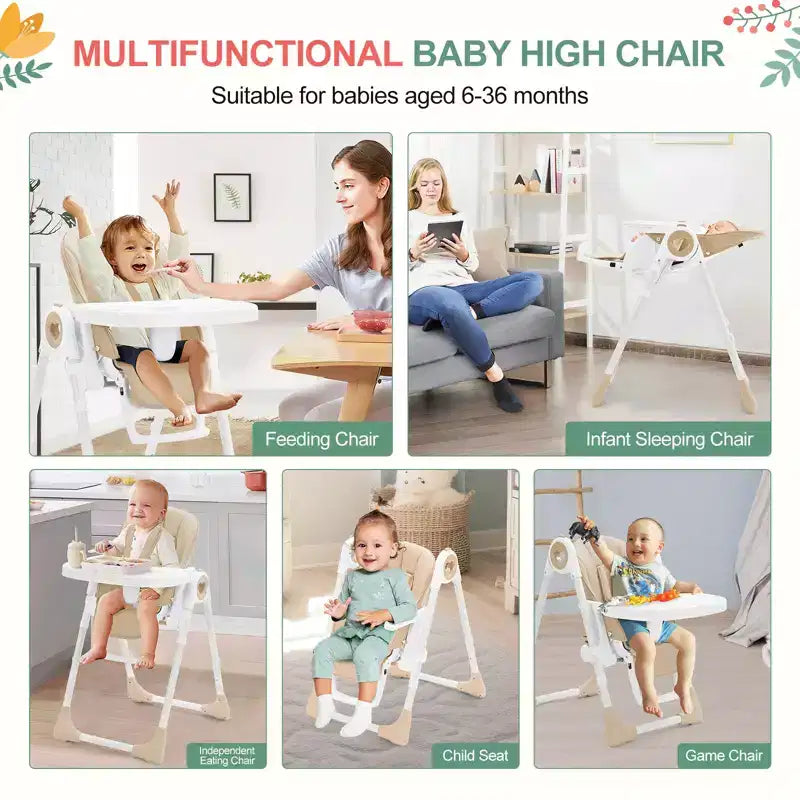 Chaise haute bébé pliable avec 7 hauteurs/5 inclinaisons, double plateau, harnais 5 points, pliage à une main, facile à nettoyer, portable, gris/champagne