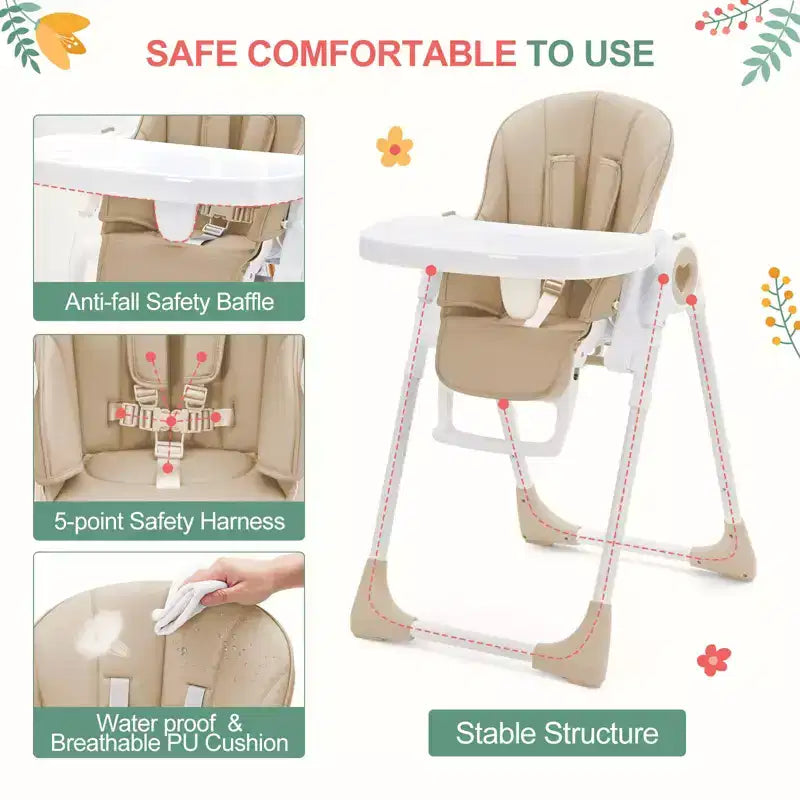 Chaise haute bébé pliable avec 7 hauteurs/5 inclinaisons, double plateau, harnais 5 points, pliage à une main, facile à nettoyer, portable, gris/champagne