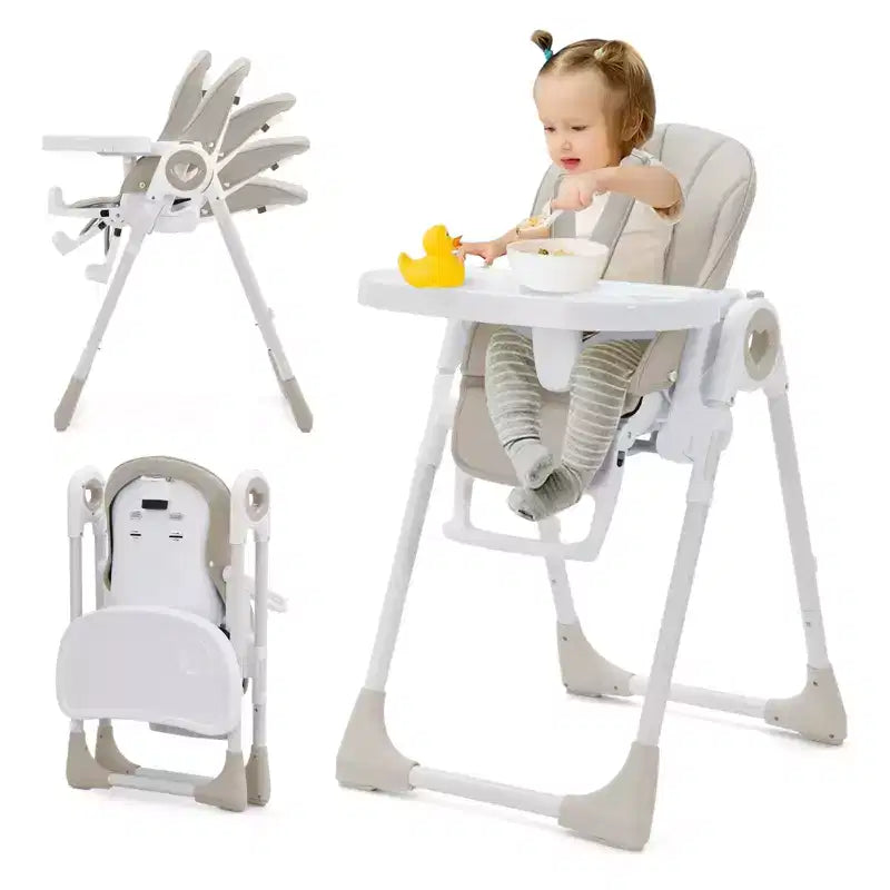 Chaise haute bébé pliable avec 7 hauteurs/5 inclinaisons, double plateau, harnais 5 points, pliage à une main, facile à nettoyer, portable, gris/champagne