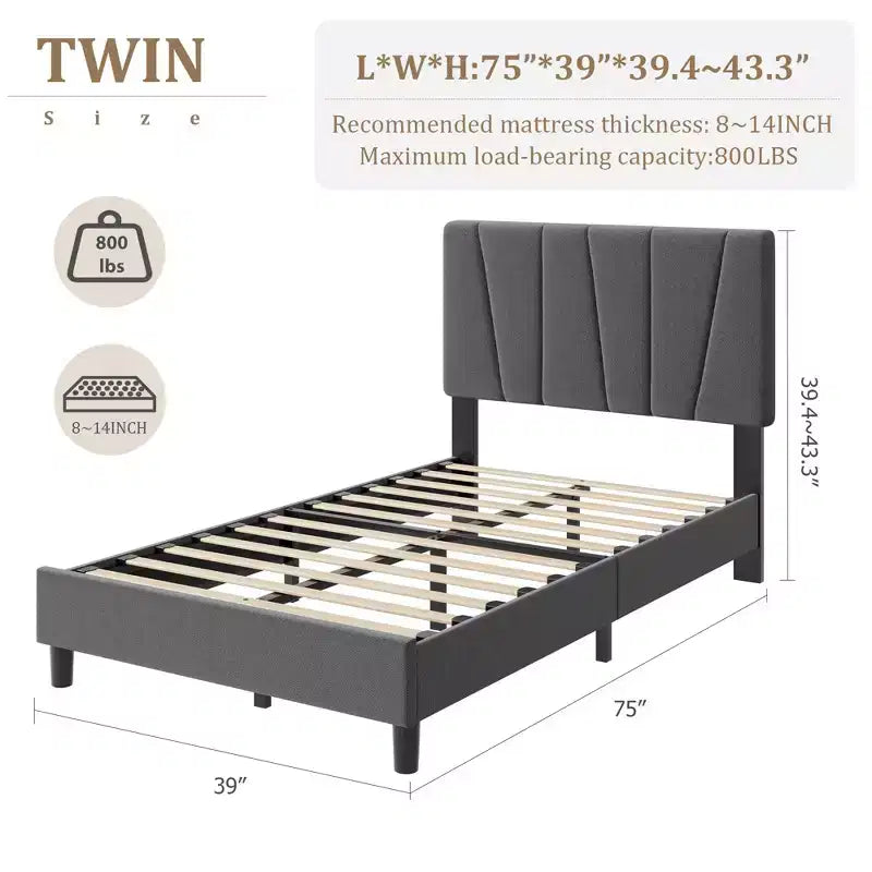Cadre de lit plateforme simple pour enfants, tête de lit rembourrée en lin et support à lattes en bois, base de matelas silencieuse/aucun sommier tapissier requis