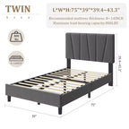 Cadre de lit plateforme simple pour enfants, tête de lit rembourrée en lin et support à lattes en bois, base de matelas silencieuse/aucun sommier tapissier requis