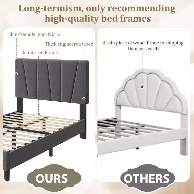Cadre de lit plateforme simple pour enfants, tête de lit rembourrée en lin et support à lattes en bois, base de matelas silencieuse/aucun sommier tapissier requis