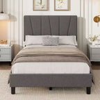 Cadre de lit plateforme simple pour enfants, tête de lit rembourrée en lin et support à lattes en bois, base de matelas silencieuse/aucun sommier tapissier requis