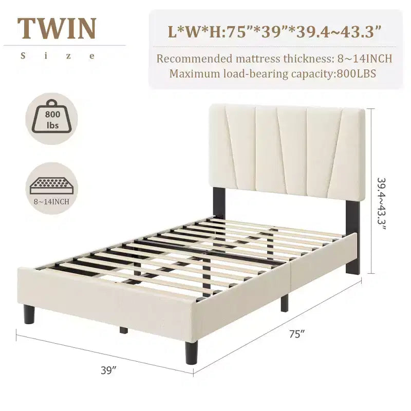 Cadre de lit plateforme simple pour enfants, tête de lit rembourrée en lin et support à lattes en bois, base de matelas silencieuse/aucun sommier tapissier requis