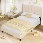 Cadre de lit plateforme simple pour enfants, tête de lit rembourrée en lin et support à lattes en bois, base de matelas silencieuse/aucun sommier tapissier requis