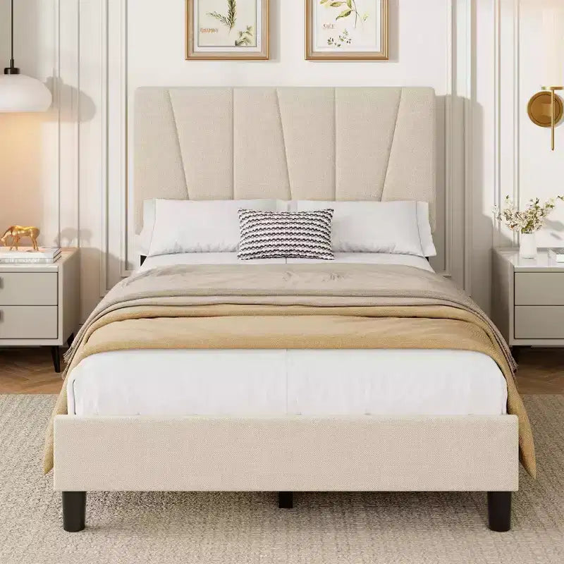 Cadre de lit plateforme simple pour enfants, tête de lit rembourrée en lin et support à lattes en bois, base de matelas silencieuse/aucun sommier tapissier requis