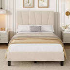 Cadre de lit plateforme simple pour enfants, tête de lit rembourrée en lin et support à lattes en bois, base de matelas silencieuse/aucun sommier tapissier requis