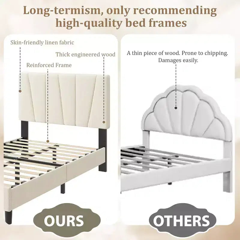 Cadre de lit plateforme simple pour enfants, tête de lit rembourrée en lin et support à lattes en bois, base de matelas silencieuse/aucun sommier tapissier requis