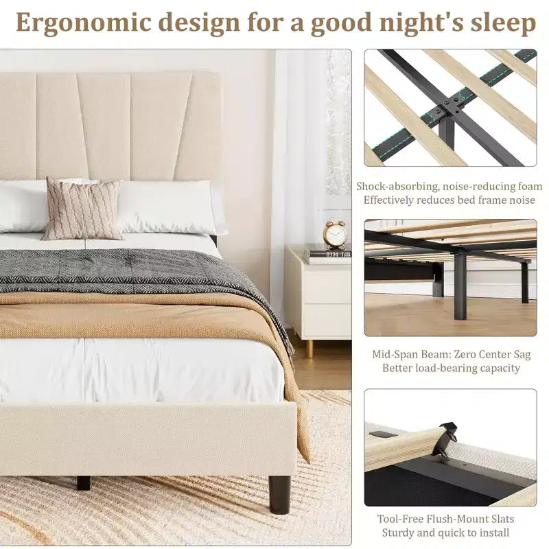 Cadre de lit plateforme simple pour enfants, tête de lit rembourrée en lin et support à lattes en bois, base de matelas silencieuse/aucun sommier tapissier requis
