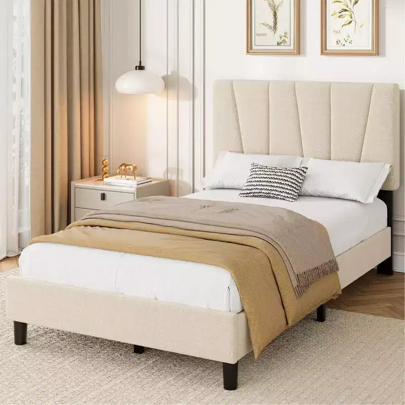 Cadre de lit plateforme simple pour enfants, tête de lit rembourrée en lin et support à lattes en bois, base de matelas silencieuse/aucun sommier tapissier requis