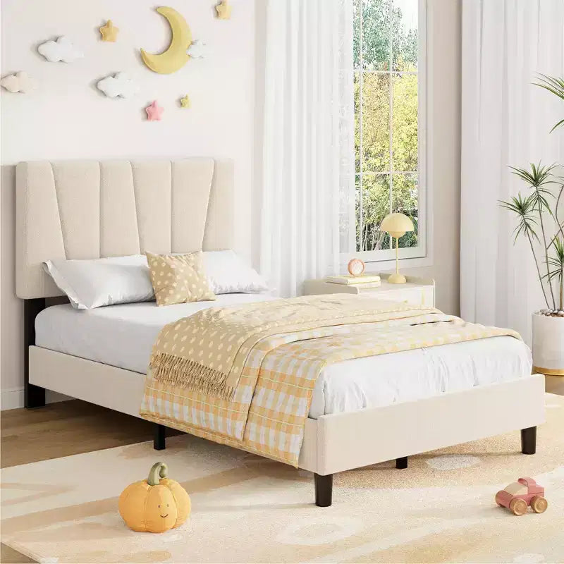 Twin Size Platform Bed Frame for Kids, Linen Upholstered Headboard & Wooden Slats Support, Noise-Free Mattress Foundation/No Box Spring Needed