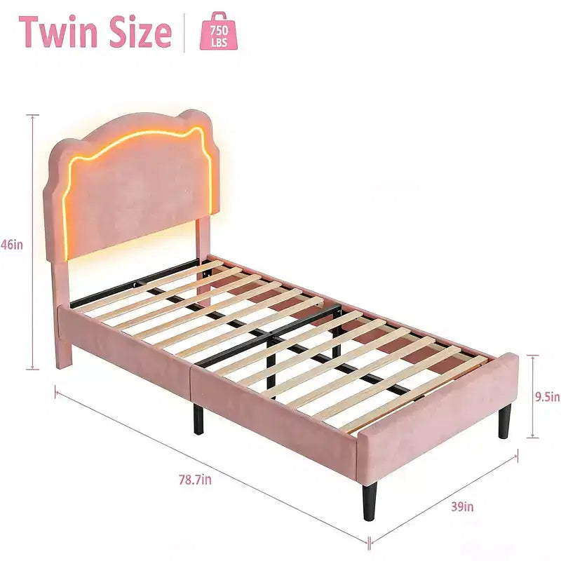 Cadre de lit intelligent tapissé double avec tête de lit, cadre de lit plateforme princesse en velours pour enfants, support à lattes en bois, pas besoin de sommier tapissier