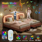 Cadre de lit intelligent tapissé double avec tête de lit, cadre de lit plateforme princesse en velours pour enfants, support à lattes en bois, pas besoin de sommier tapissier
