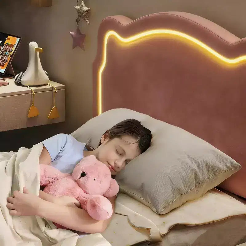 Cadre de lit intelligent tapissé double avec tête de lit, cadre de lit plateforme princesse en velours pour enfants, support à lattes en bois, pas besoin de sommier tapissier