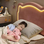 Cadre de lit intelligent tapissé double avec tête de lit, cadre de lit plateforme princesse en velours pour enfants, support à lattes en bois, pas besoin de sommier tapissier