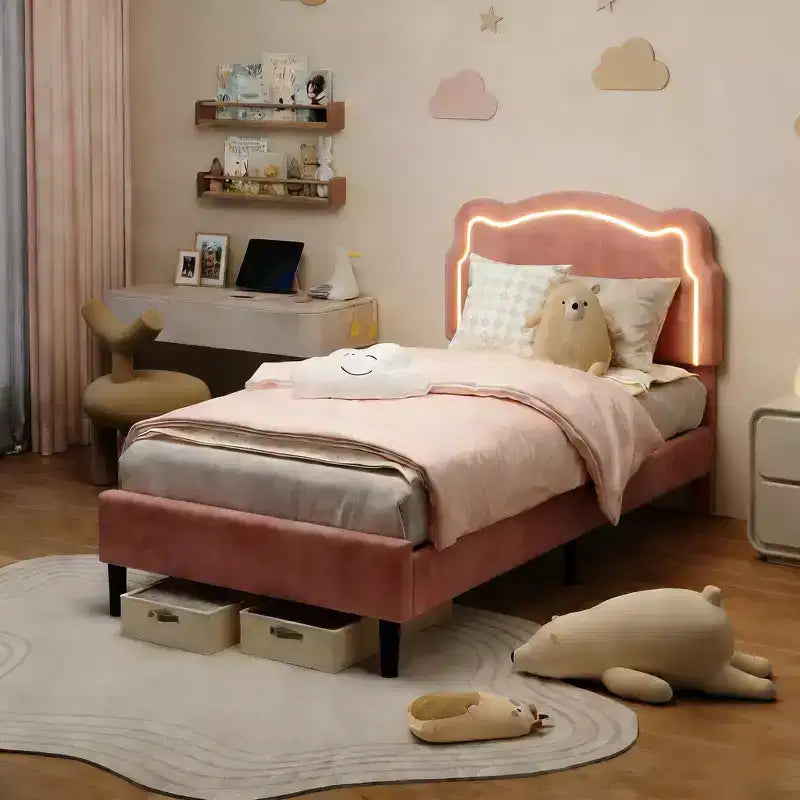 Cadre de lit intelligent tapissé double avec tête de lit, cadre de lit plateforme princesse en velours pour enfants, support à lattes en bois, pas besoin de sommier tapissier