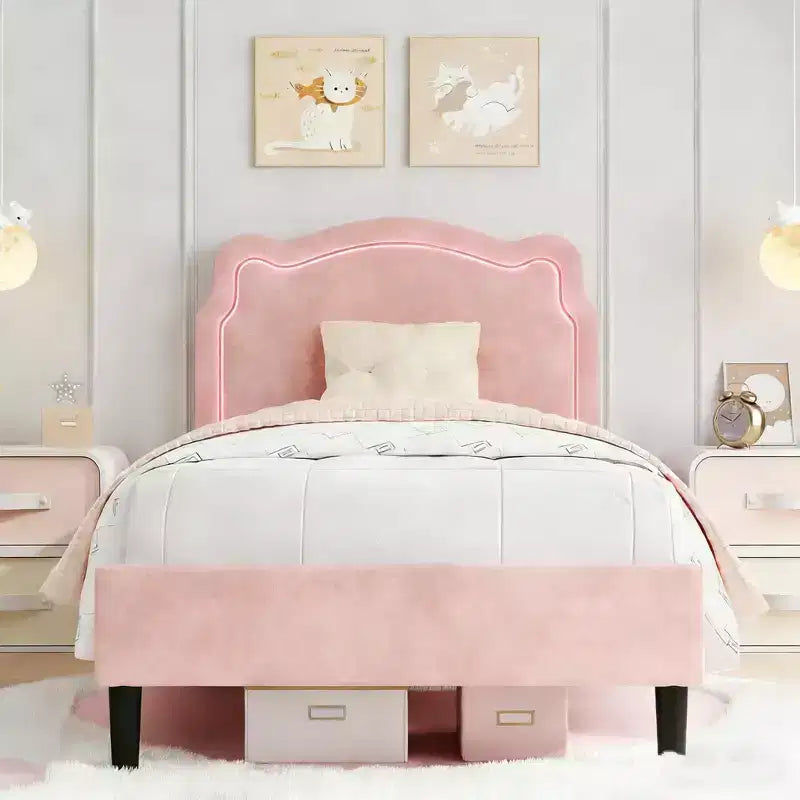 Cadre de lit intelligent tapissé double avec tête de lit, cadre de lit plateforme princesse en velours pour enfants, support à lattes en bois, pas besoin de sommier tapissier