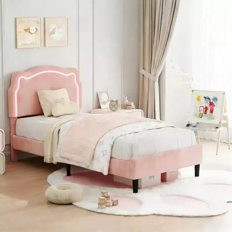 Cadre de lit intelligent tapissé double avec tête de lit, cadre de lit plateforme princesse en velours pour enfants, support à lattes en bois, pas besoin de sommier tapissier