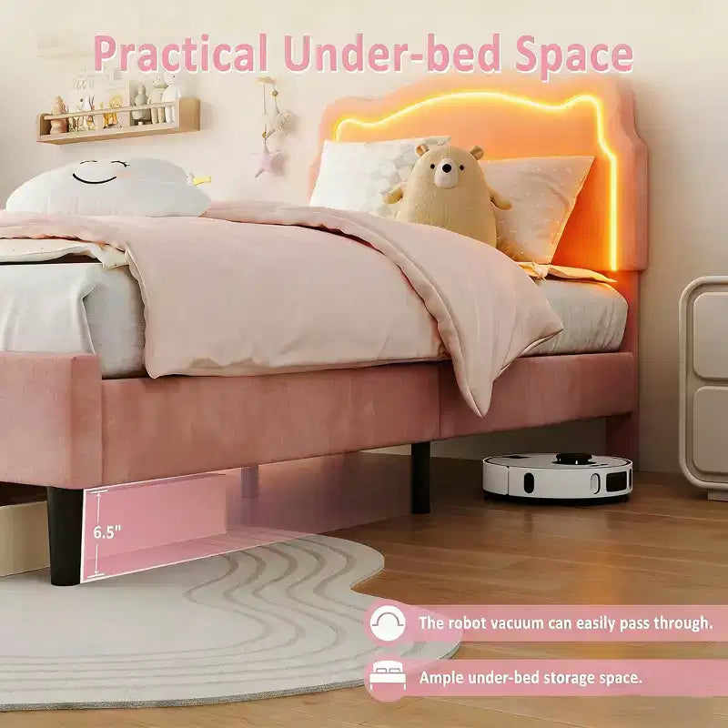 Cadre de lit intelligent tapissé double avec tête de lit, cadre de lit plateforme princesse en velours pour enfants, support à lattes en bois, pas besoin de sommier tapissier