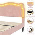 Cadre de lit intelligent tapissé double avec tête de lit, cadre de lit plateforme princesse en velours pour enfants, support à lattes en bois, pas besoin de sommier tapissier