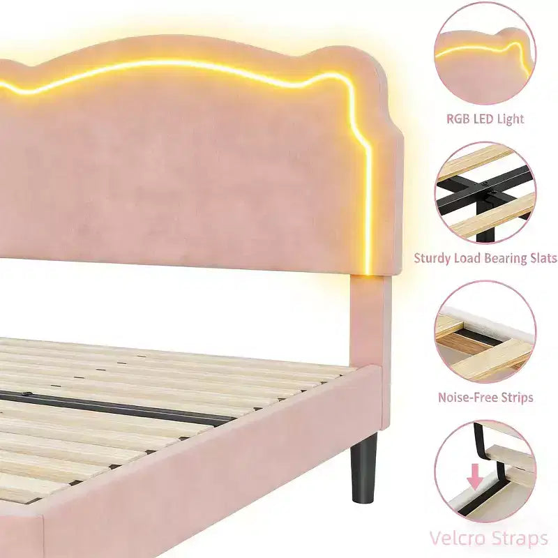 Cadre de lit intelligent tapissé double avec tête de lit, cadre de lit plateforme princesse en velours pour enfants, support à lattes en bois, pas besoin de sommier tapissier