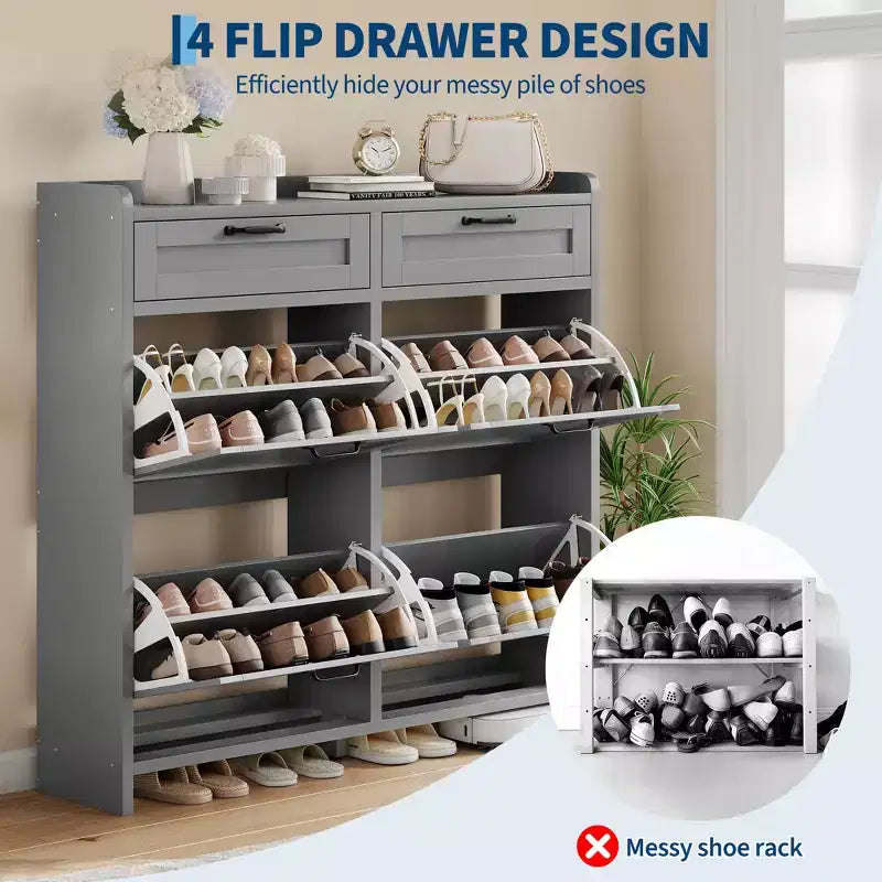 Meuble à chaussures avec 4 tiroirs basculants et 2 tiroirs supérieurs, Armoire à chaussures autoportante, Rangement de chaussures dissimulé, pour le salon
