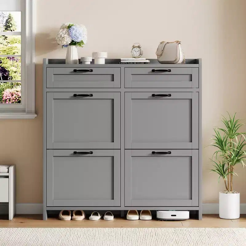 Meuble à chaussures avec 4 tiroirs basculants et 2 tiroirs supérieurs, Armoire à chaussures autoportante, Rangement de chaussures dissimulé, pour le salon