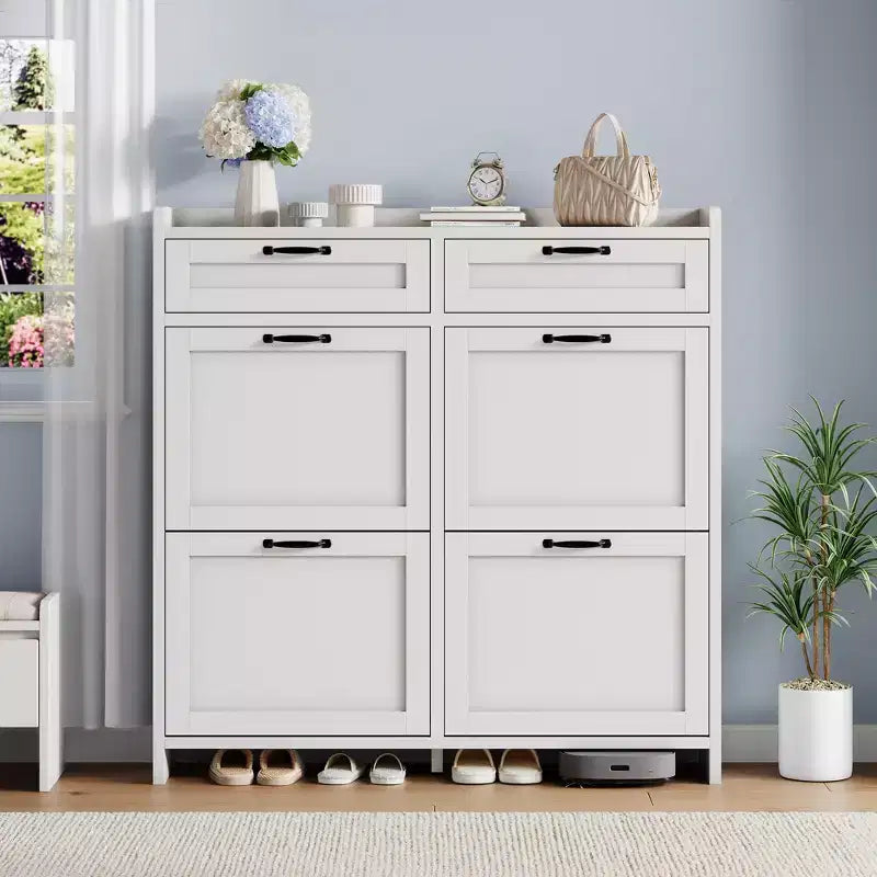 Meuble à chaussures avec 4 tiroirs basculants et 2 tiroirs supérieurs, Armoire à chaussures autoportante, Rangement de chaussures dissimulé, pour le salon