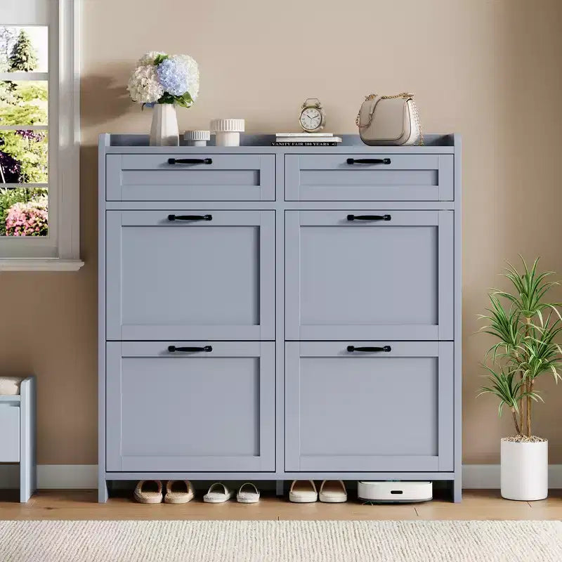 Meuble à chaussures avec 4 tiroirs basculants et 2 tiroirs supérieurs, Armoire à chaussures autoportante, Rangement de chaussures dissimulé, pour le salon